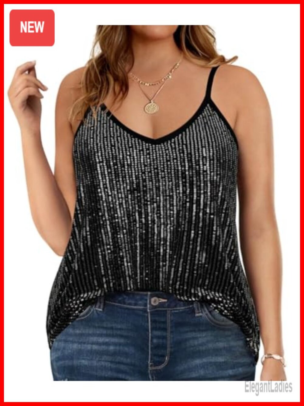Plus Size Sequin Tank Top V Neck Strappy Shimmer Camisole